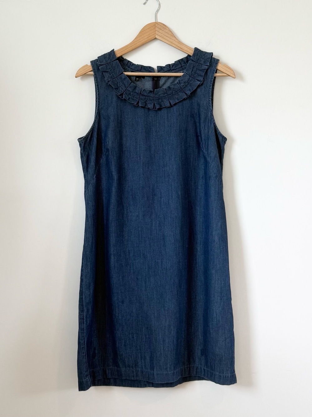 Talbots 100% Cotton Blue Denim Chambray Ruffle-Collar Sleeveless Shift Dress
